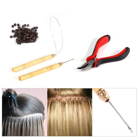 Filfeel 100PCS Silicone Beads Hair Extension Micro Rings + Hook Needle + Pulling Loop + Plier Tool Kit, Hair Extension Tools, Hair Extension