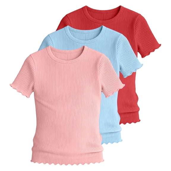 KyCheLot 3 Pack Ribbed Knit Tops for Girls Crew Neck Solid Color Short Sleeve T-Shirts Trendy Ruffle Trim T-Shirts