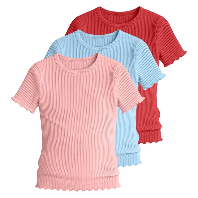 KyCheLot 3 Pack Ribbed Knit Tops for Girls Crew Neck Solid Color Short Sleeve T-Shirts Trendy Ruffle Trim T-Shirts