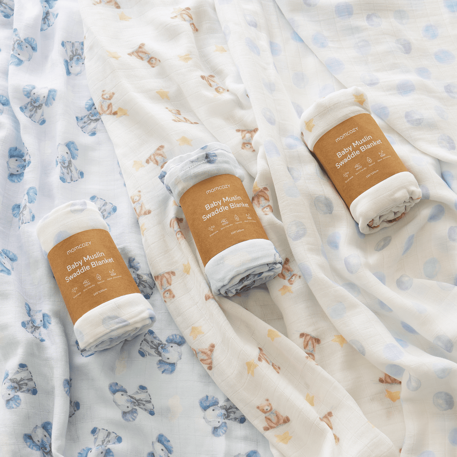 Momcozy Muslin Swaddle Blankets, 3 Pack, Breathable 2-Layer Gauze Large 47'' x 47'' Baby Swaddling Receiving Blanket Wraps for Newborn Boys Girls, Innocence