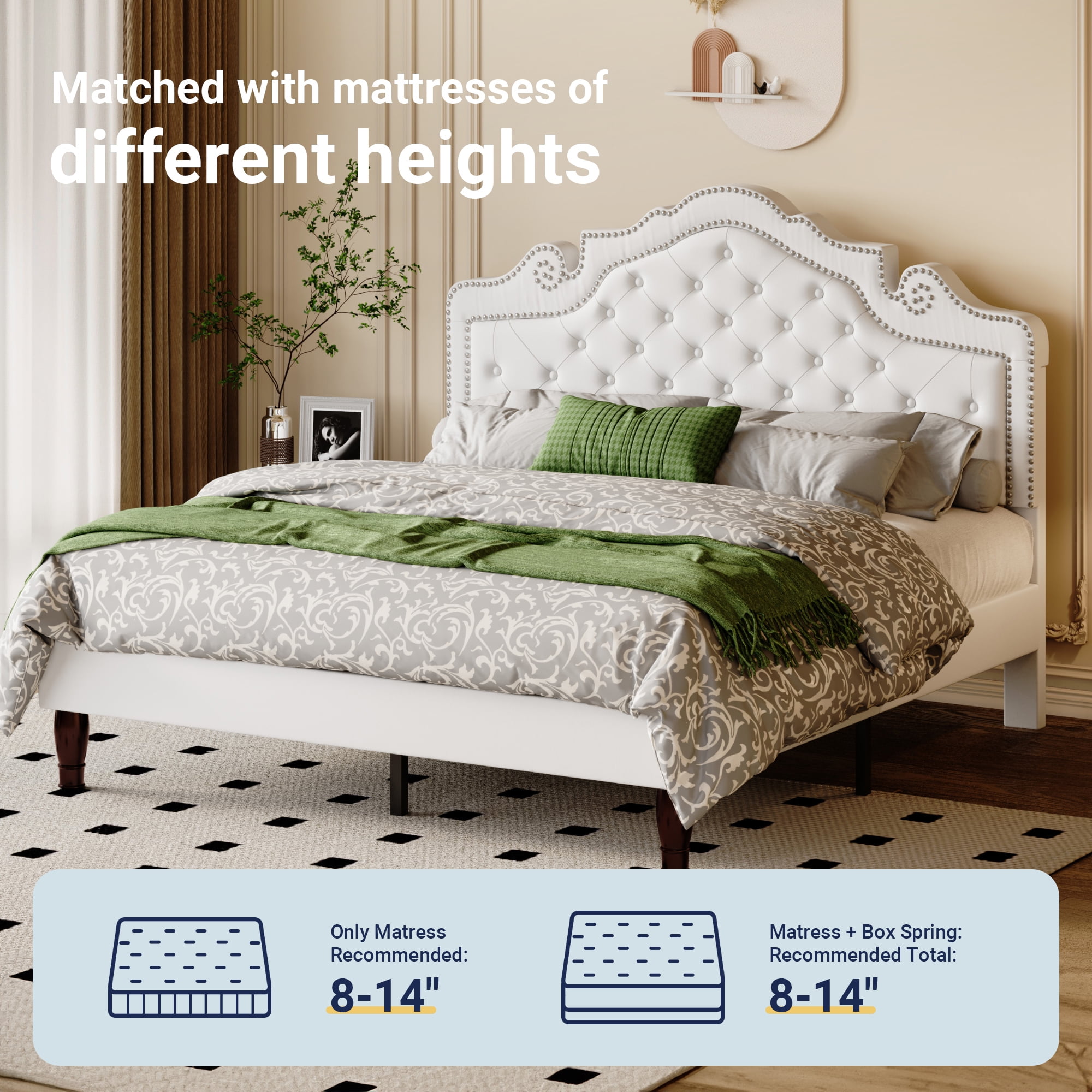 Allewie Full Bed Frame, Velvet Tiara Upholstered Diamond Button Tufted Headboard, No Box Spring Needed, White