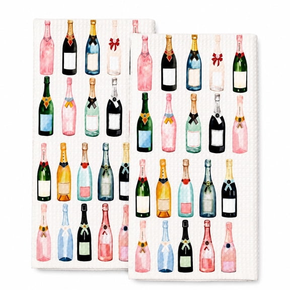 Huzeijin Kitchen Towels, 2 Pack 16 x 24 in, Champagne Bottle Bar Cart Dish Towels, Absorbent Decorative Kitchen Hand Towels