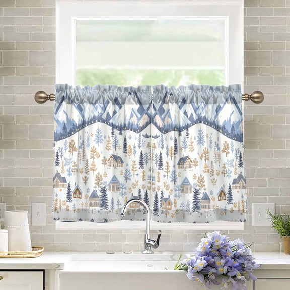 Yayeee Kitchen Curtains Light Filtering 27"x24" Rod Pocket Short Cafe Window Panel, Light Blue Mountain