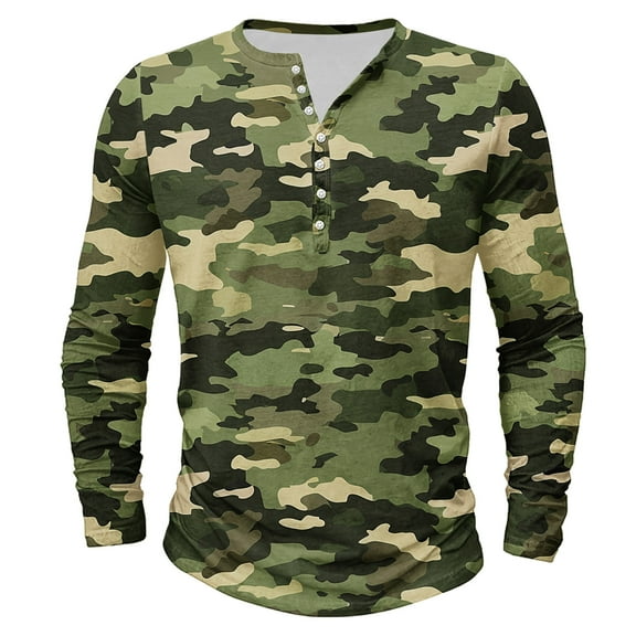 Dagegui Mens Camouflage Henley Shirts Long Sleeve Crew Neck Button T-Shirts Big and Tall Slim Fit Sport Shirt Camo Outdoor Hiking Tees Tops Army Green M
