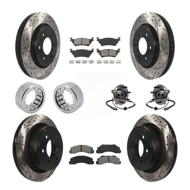 Transit Auto Front Rear Hub Bearing Assembly Coated Disc Brake Rotor and Semi-Metallic Pad Shoe Kit (10Pc) for Car 2014 Ford F-150 RWD with 6 Lug Wheels - Left Right Side (Driver Passenger) KBB-111175