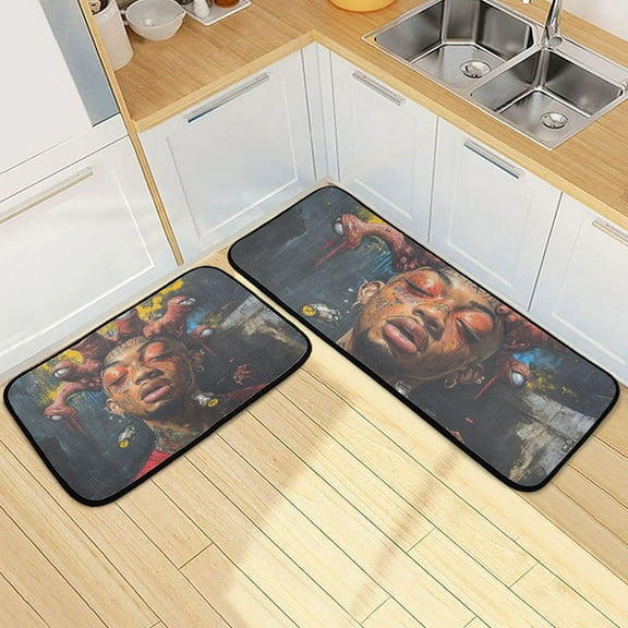 Street Art Style Kitchen Mat Set of 2 Cushioned Non Slip Rugs for Bedroom Floor Runner Mats