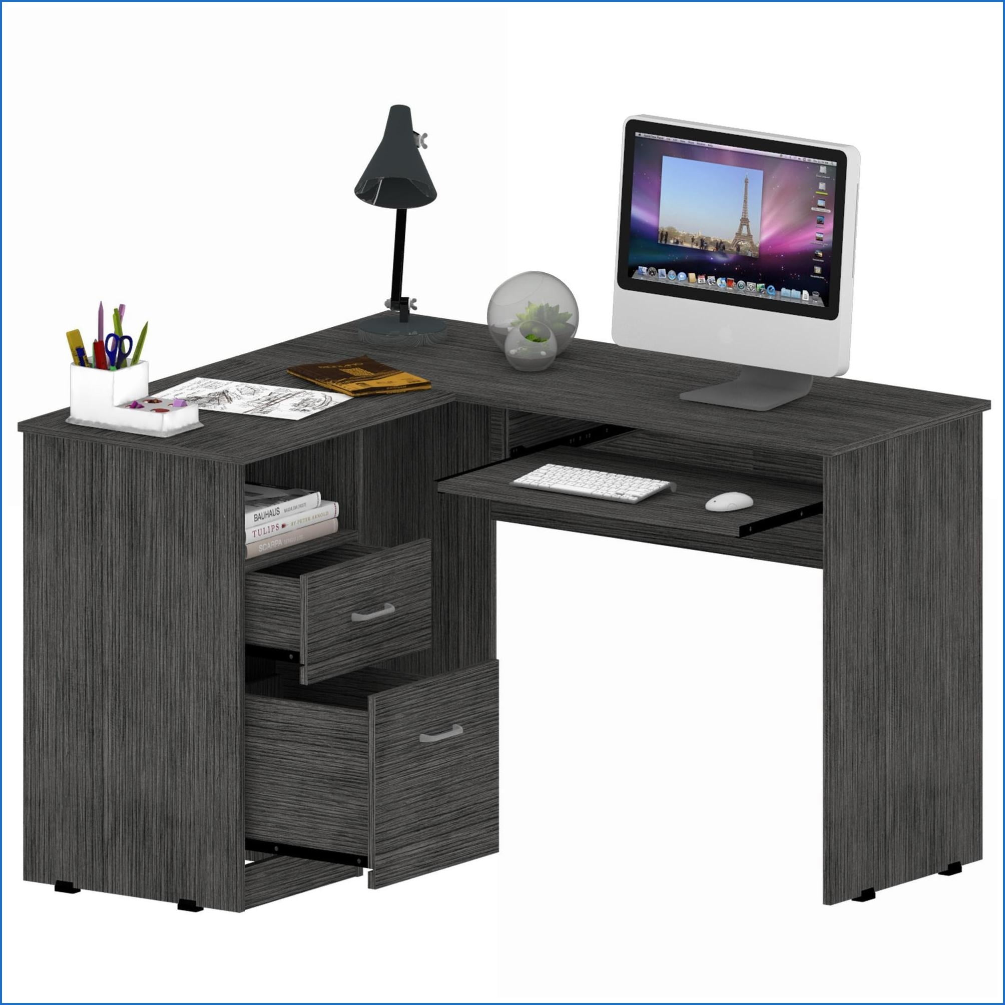 Desks, L-Shaped with Left Return, Keyboard Tray, 2 Drawers, Open Shelf, Smokey Oak | Particle Board | Gray