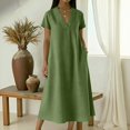 thumbnail image 2 of Laqbezok Women's Casual V-Neck Long Dress, Short Sleeve Solid Color Loose A-Line Gown, Soft Breathable Summer Dress with Side Pockets, 2 of 8