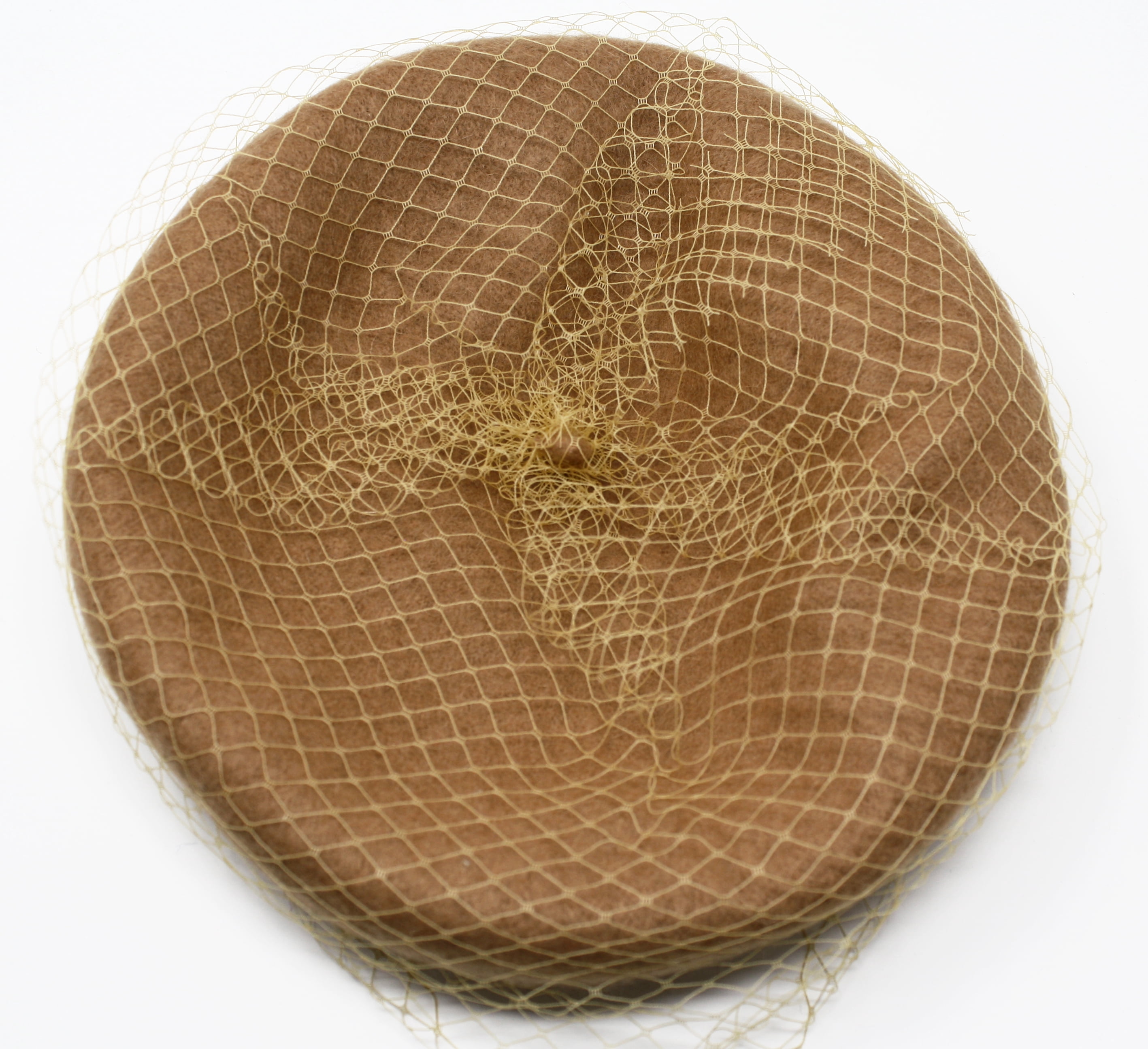 Camel Wool Felt Beret w Veil Netting - Church, Party, Retro Style by Hey Viv
