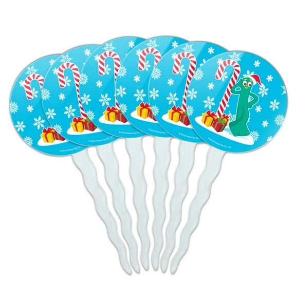 Christmas Gumby Leaning Against Candy Cane Cupcake Picks Toppers Decoration Set of 6
