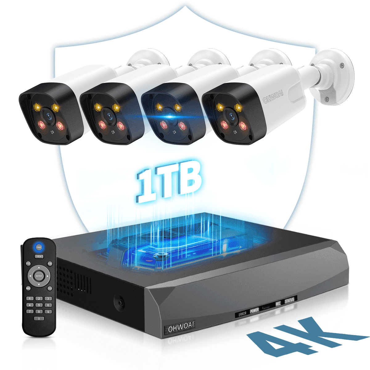 OHWOAI 4K PoE Security Camera System with Color Night Vision, 4 Cams, 8CH NVR, 1TB HDD