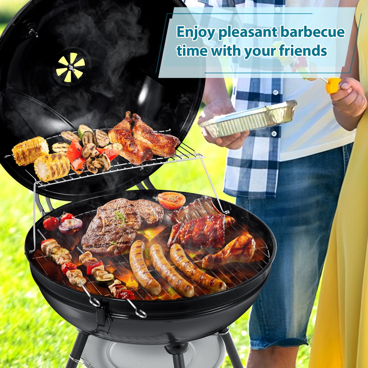 Walchoice 22 inch Charcoal Grill with Wheels & Thermometer, 2 Layer Grilling Racks Heavy Duty Barbecue Grill for Backyard Camping BBQ Cooking, Black Enamel Lid & Bowl