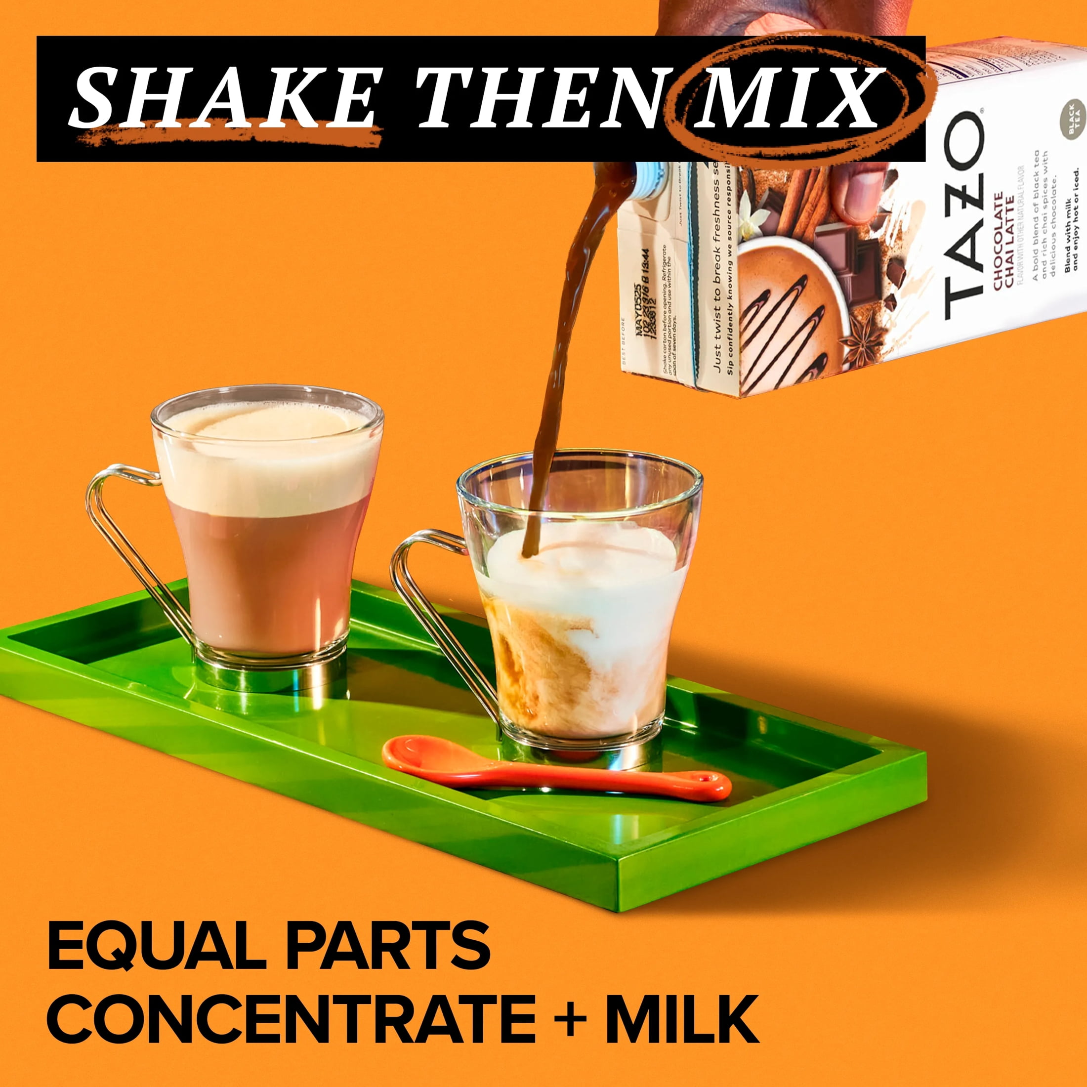 (6 pack) TAZO Chocolate Chai Tea Latte, Flavored Black Tea Concentrate, Easy to Serve Café-Style Lattes, Caffeinated, Hot or Iced Chocolate Tea, 32oz  Carton