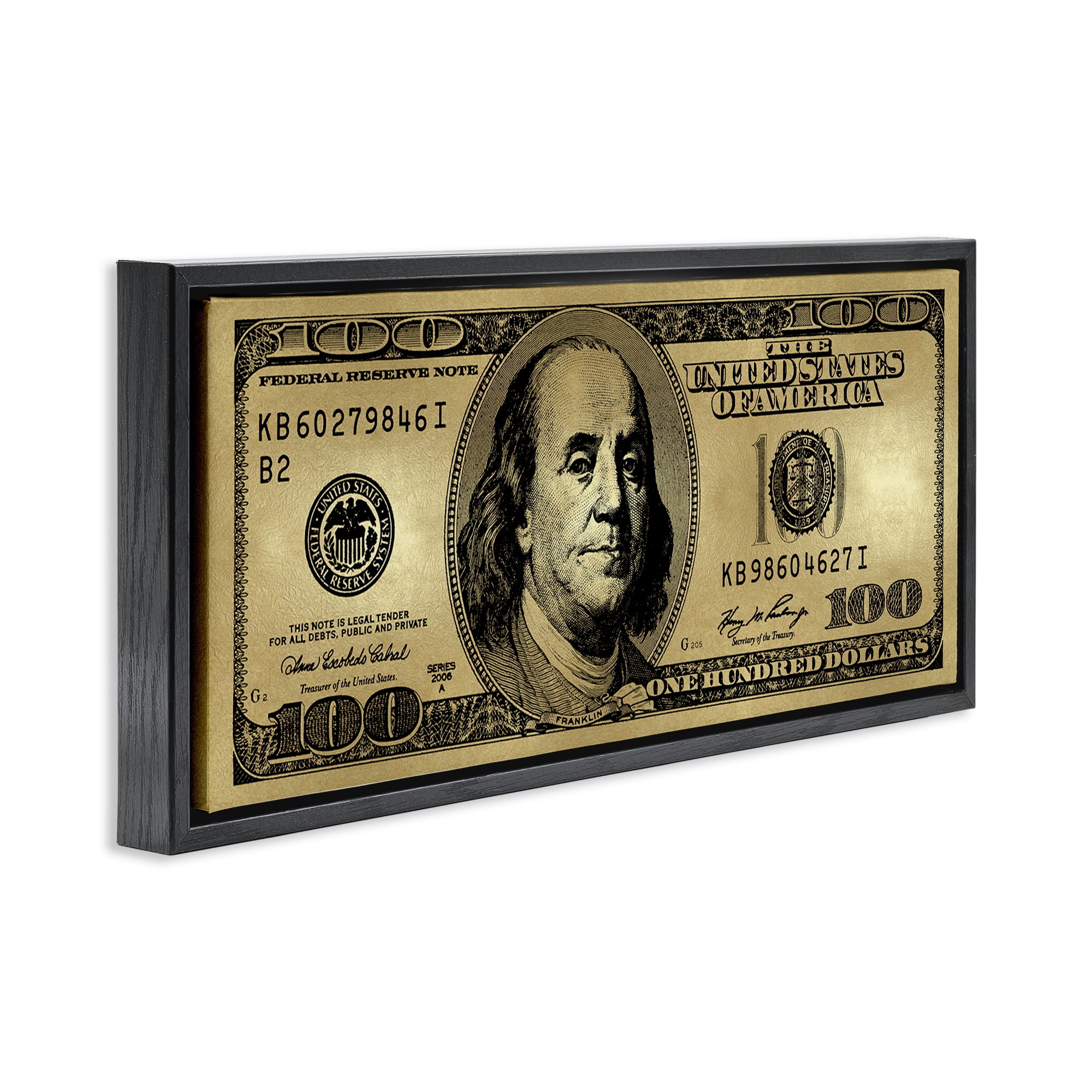 Stupell Industries Hundred Dollar Bill Novelty & Humor Painting Black Floater Framed Canvas Art Print Wall Art, 31 x 14
