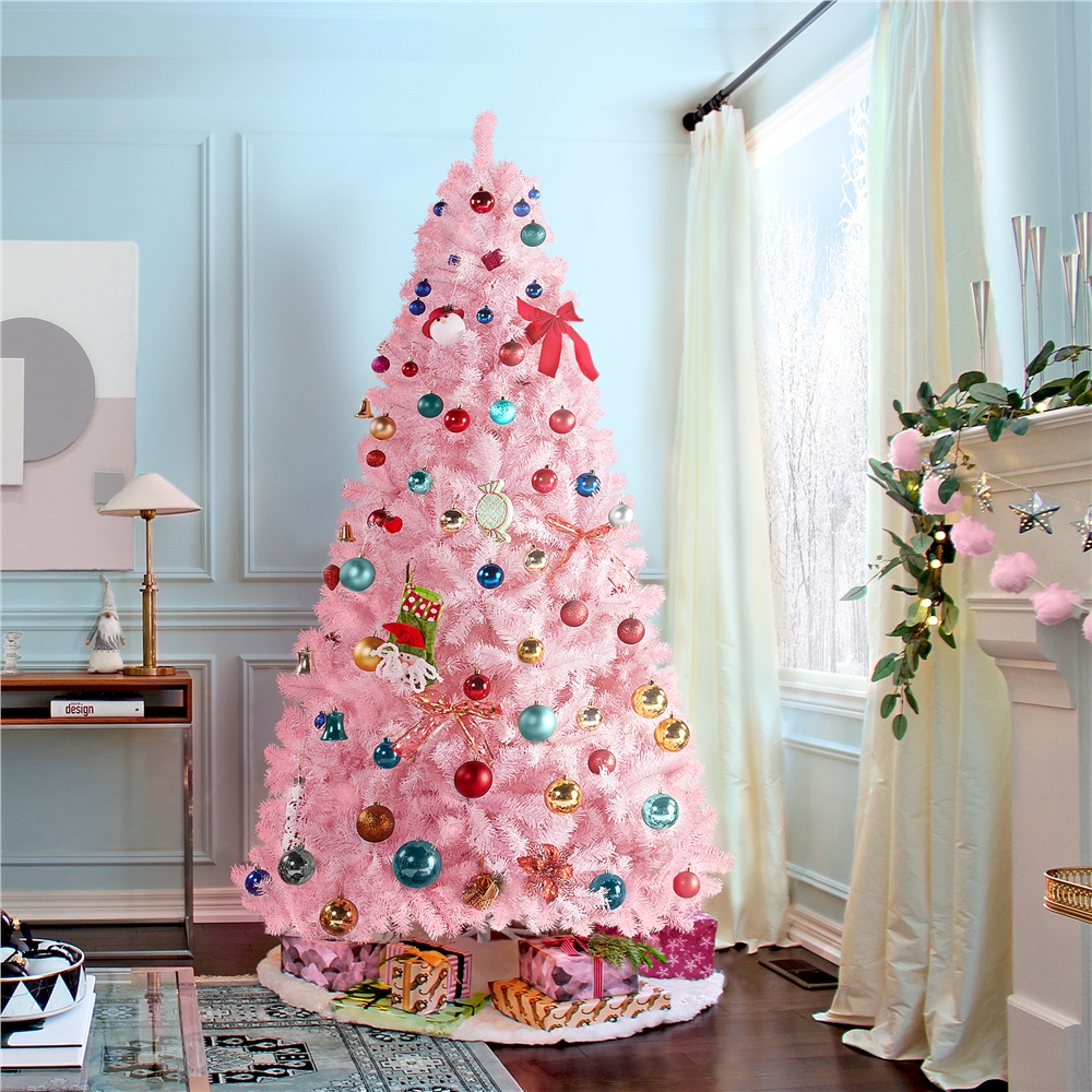 Alden Design Pink Hinged Spruce Artificial Christmas Tree, with Foldable Stand 7.5'