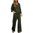 thumbnail image 1 of Yuyuzo Ensemble de Mode Automne pour Femmes 2 Pcs Manches Longues Col en V Hauts Pantalons Larges Pyjamas Couleur Unie Vert Armée, 1 of 6