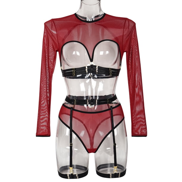 Ropa interior sexy complicada con correas de malla divididas y perspectiva
