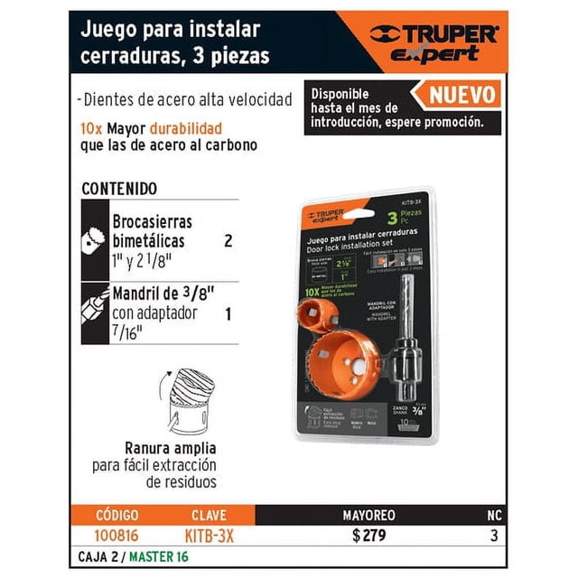 Juego de 3 piezas para instalar cerraduras, Truper Expert Expert KITB-3X
