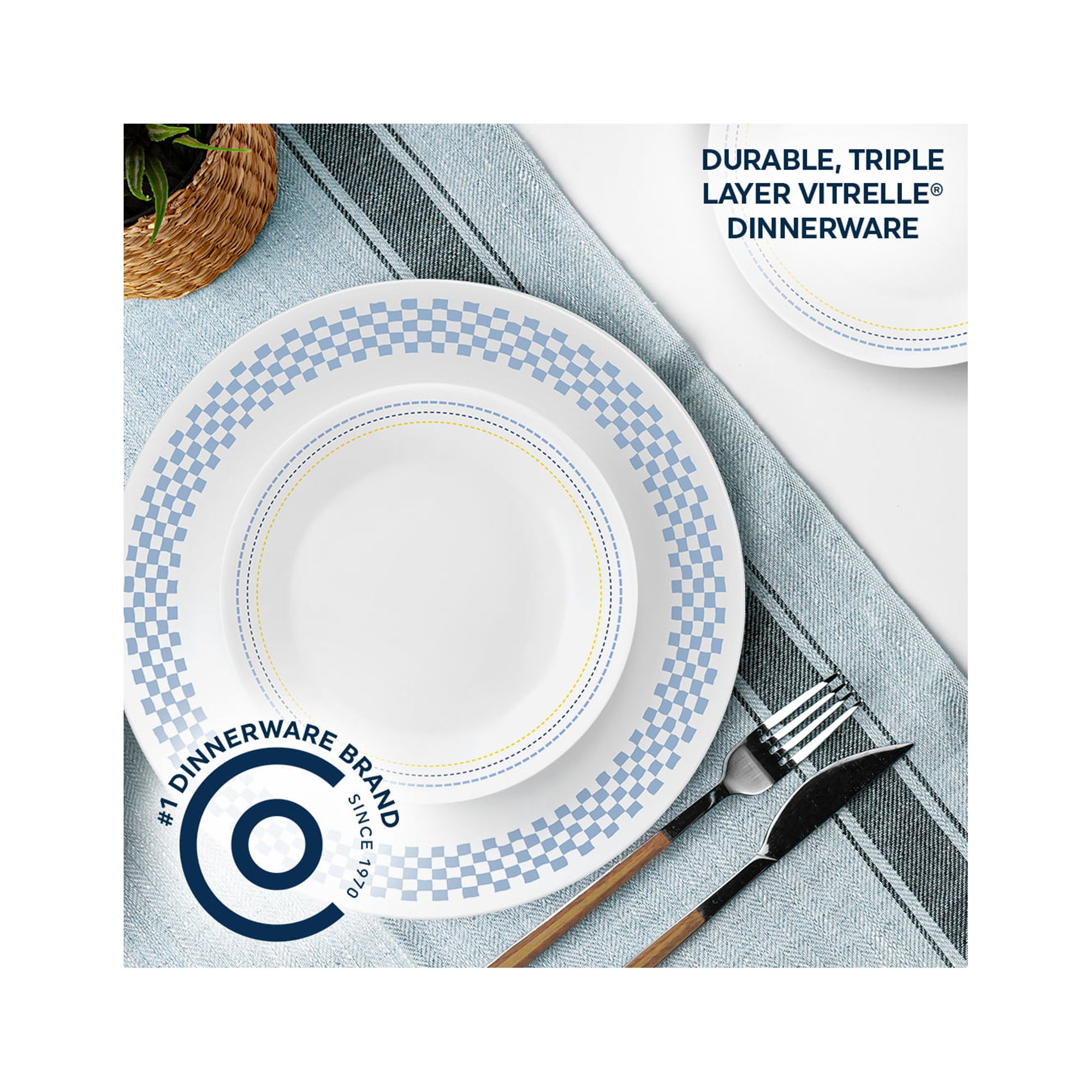 Corelle Amelia 12-Piece Glass Dinnerware Set, Blue Gingham photo 3