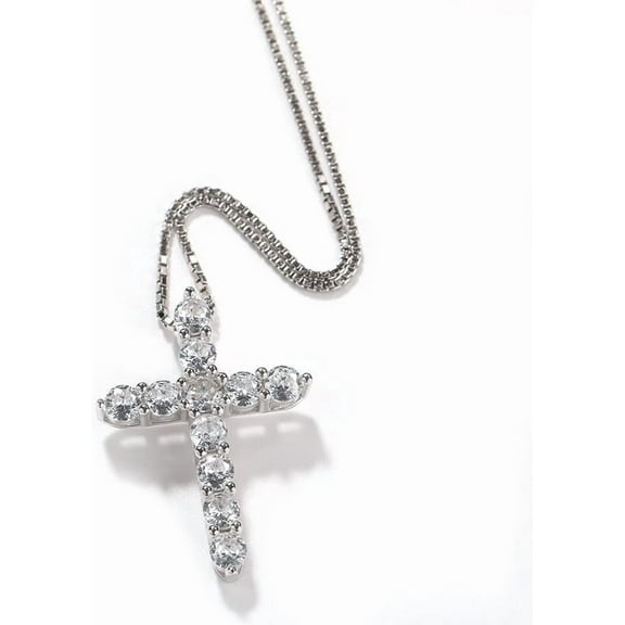 Fashion Jewelry 925 Sterling Silver Shiny Full Crystal Diamond Cross Pendant Necklace with 1mm 18inches Box Chain for Women