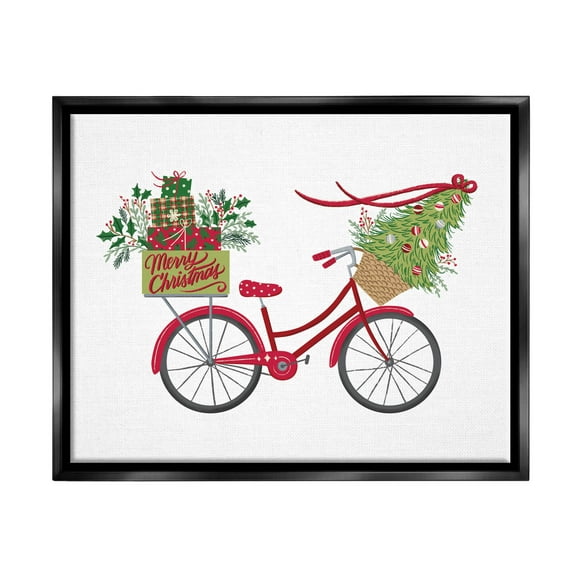 Stupell Industries Merry Christmas Seasonal Bicycle Graphic Art Jet Black Floating Framed Canvas Print Wall Art, Design by Amanda McGee
