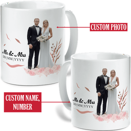 

Lotusprinthandmade Personalized Name Number Wedding Photo White Ceramic Mug (15oz) (Made In US)