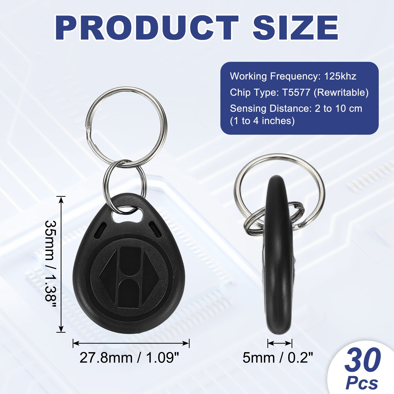 Uxcell 125kHz T5577 RFID Key Fob Tag, (Black) (30pcs), Writable Rewritable Smart Key Fobs Tags Blank Clone IC Card Key Classic 1K, Suit for - Entry Access Control Systems