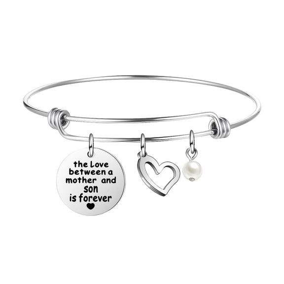 Thank You Silver Dangle Bangle For Mom Birthday Christmas Mother's Day Reminder Gift For Son Graduation Wedding Party "The Love Between A Mother And Son Is Forever"