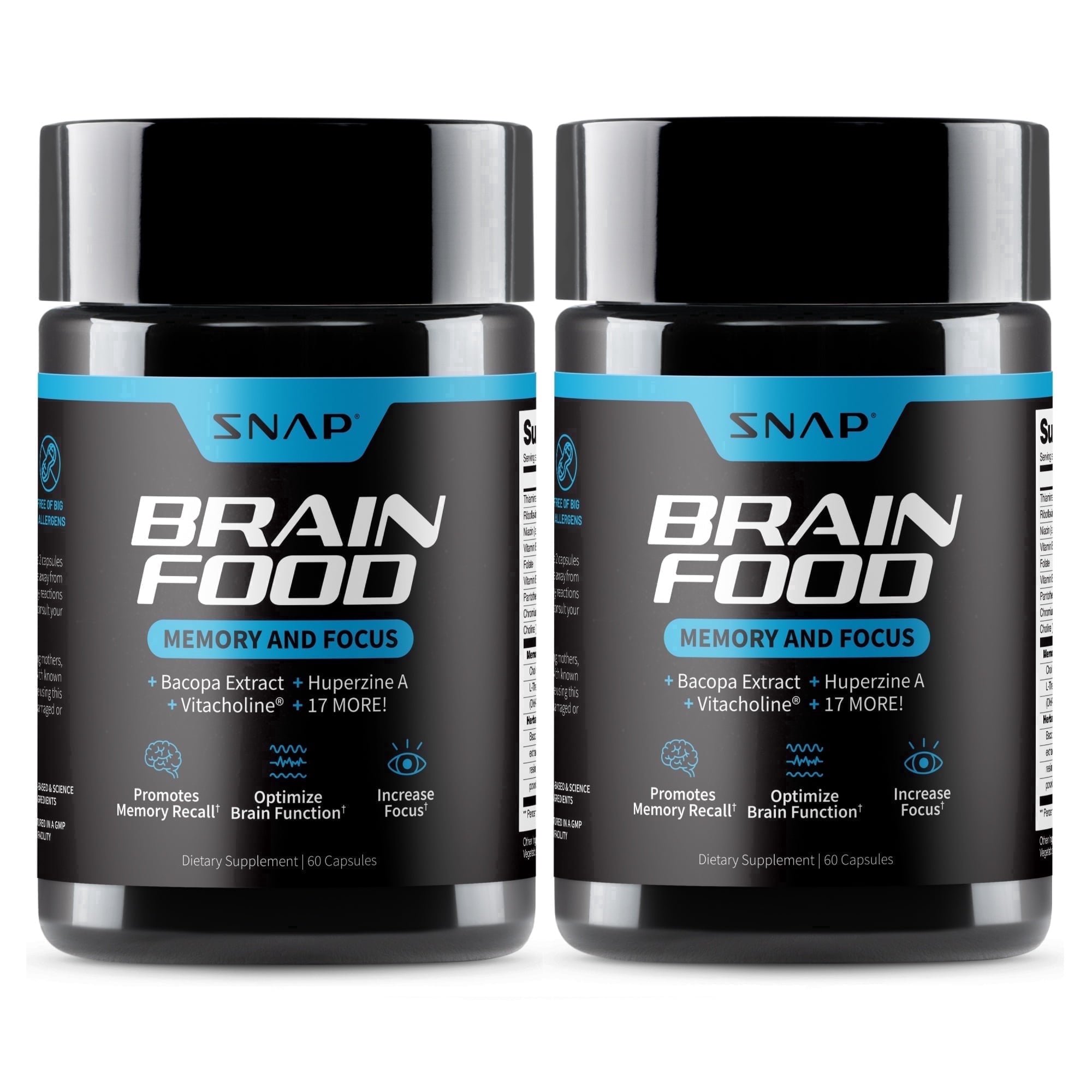 Snap Supplements Nootropic Brain Support with Bacopa and Ginkgo, 60 Capsules, 2-Pack, Dietary Supplement for Adults, Easy-to-Use Capsule Format, For supports memory, focus and mental clarity
