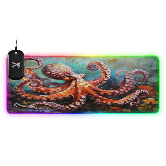 Wireless Charging Mouse Pad Large RGB Gaming Desk Mat 13 Light Modes Mousepad 31.5x11.8 Octopus in Bottom Sea
