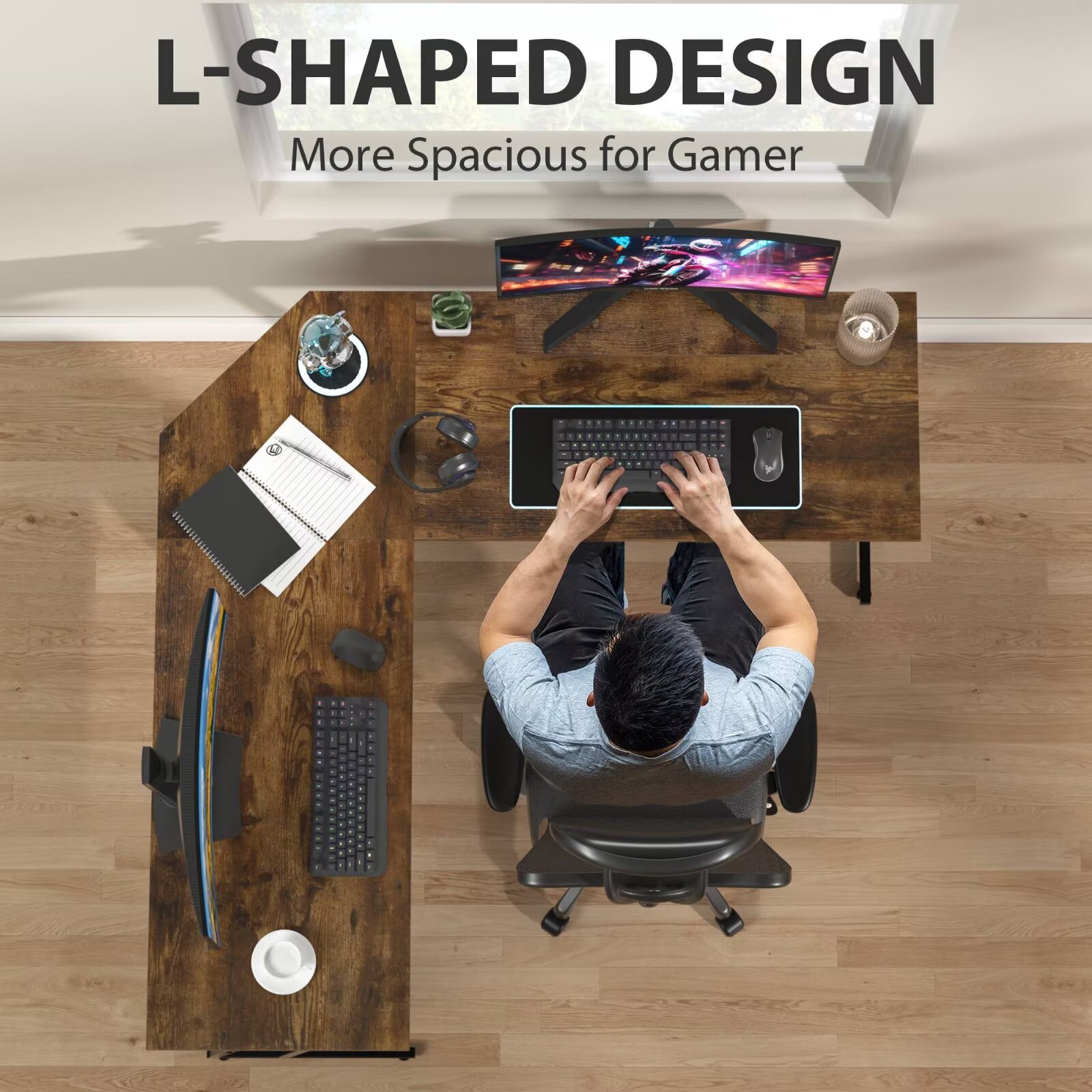 YRLLENSDAN 50 Inch L shaped Corner Gaming Desk, Adjustable Computer Desk with Large Desktop, Home Office Desk with Monitor Stand, for Home and Work Place, Brown