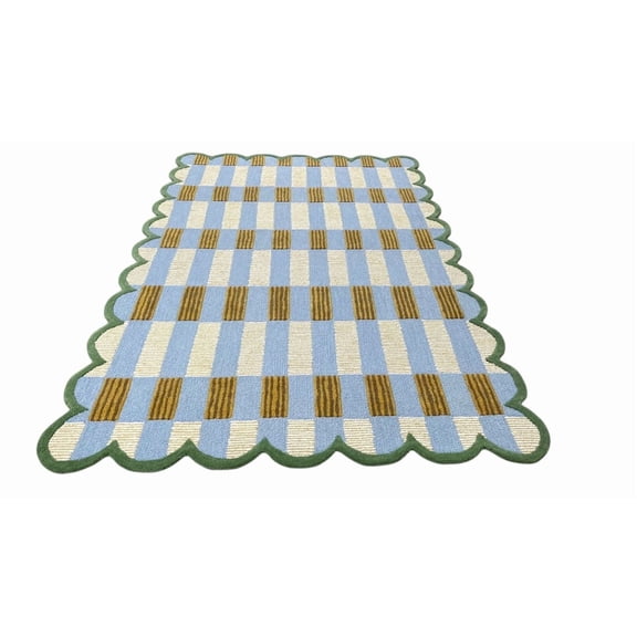 Artcore Matilda Hand Tufted Plaid Wool Area Rug with Scalloped Border, Cotton Backing, Indoor Rug for Living Room & Bedroom, 3 x 5 ft