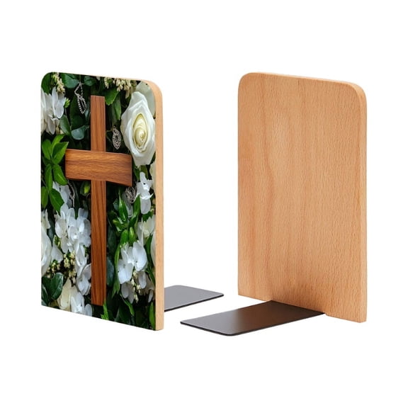 Bookends 1 Pair Non-Skid Bookend Wood Bookends for Shelves Book Stand for CDs - Wooden Cross Surrounded By White Roses