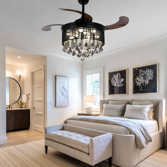 AFANQI 42" Invisible Ceiling Fan Light Crystal Chandelier Remote 3 Speed 3-Color LED