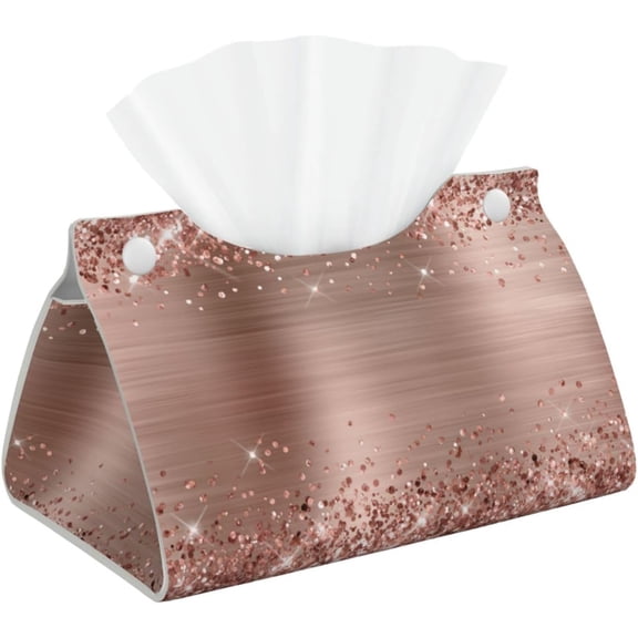 Rectangular Leather Tissue Box Cover for Bathroom, Dining Table, Office Desk Glittery Rose Gold Foil Napkin Holder Home Decor, White
