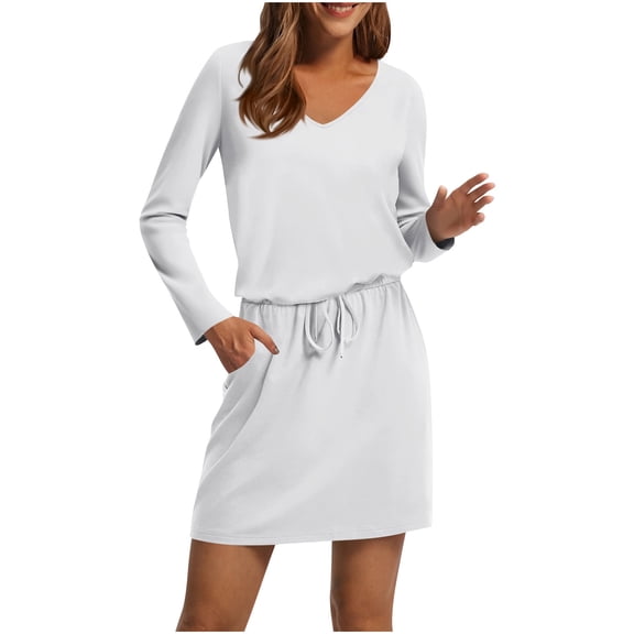 BLTIBY Fall Dresses for Women Loose V Neck Long Sleeve T Shirts Casual Sundresses Tie Front A-Line Dresses with Pockets White L