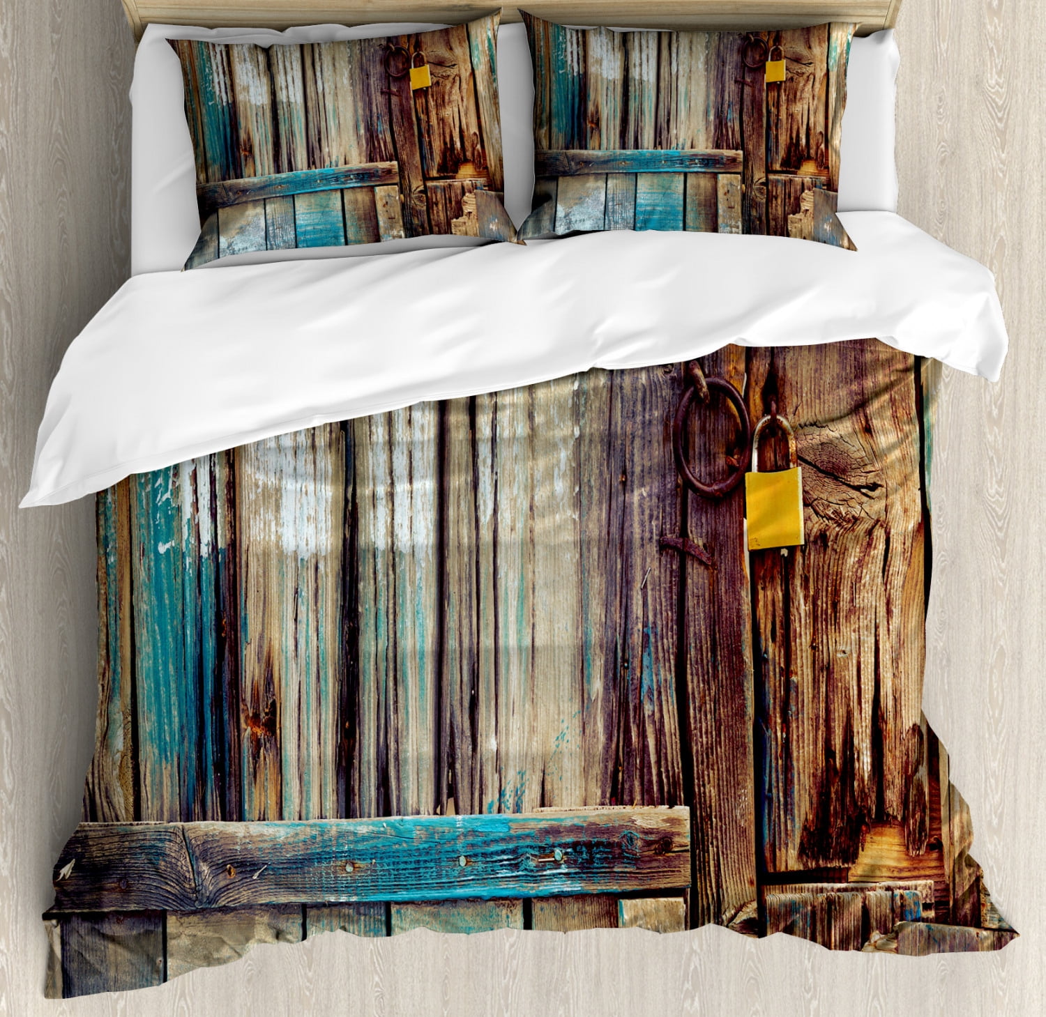 Rustic Duvet Cover Set, Aged Shed Door Backdrop with Color Details Country Living Exterior