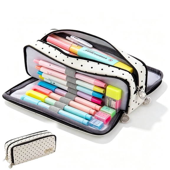 Polka Dot Pencil Case, Cute Pencil Case, Multi Compartment Pencilcases | Large Pencilcase big capacity, Canvaswith Soft Zip Pen Case