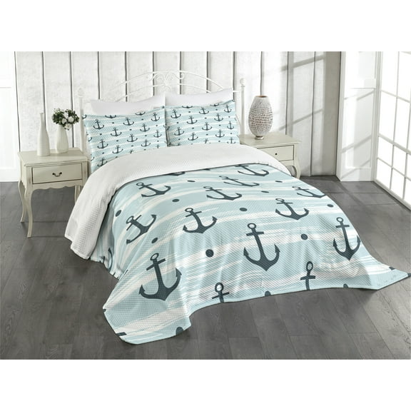 Ambesonne Modern Quilted Bedspread Set 3 Pcs, Pattern with Anchors, Queen Size, Pale Blue Dark Green