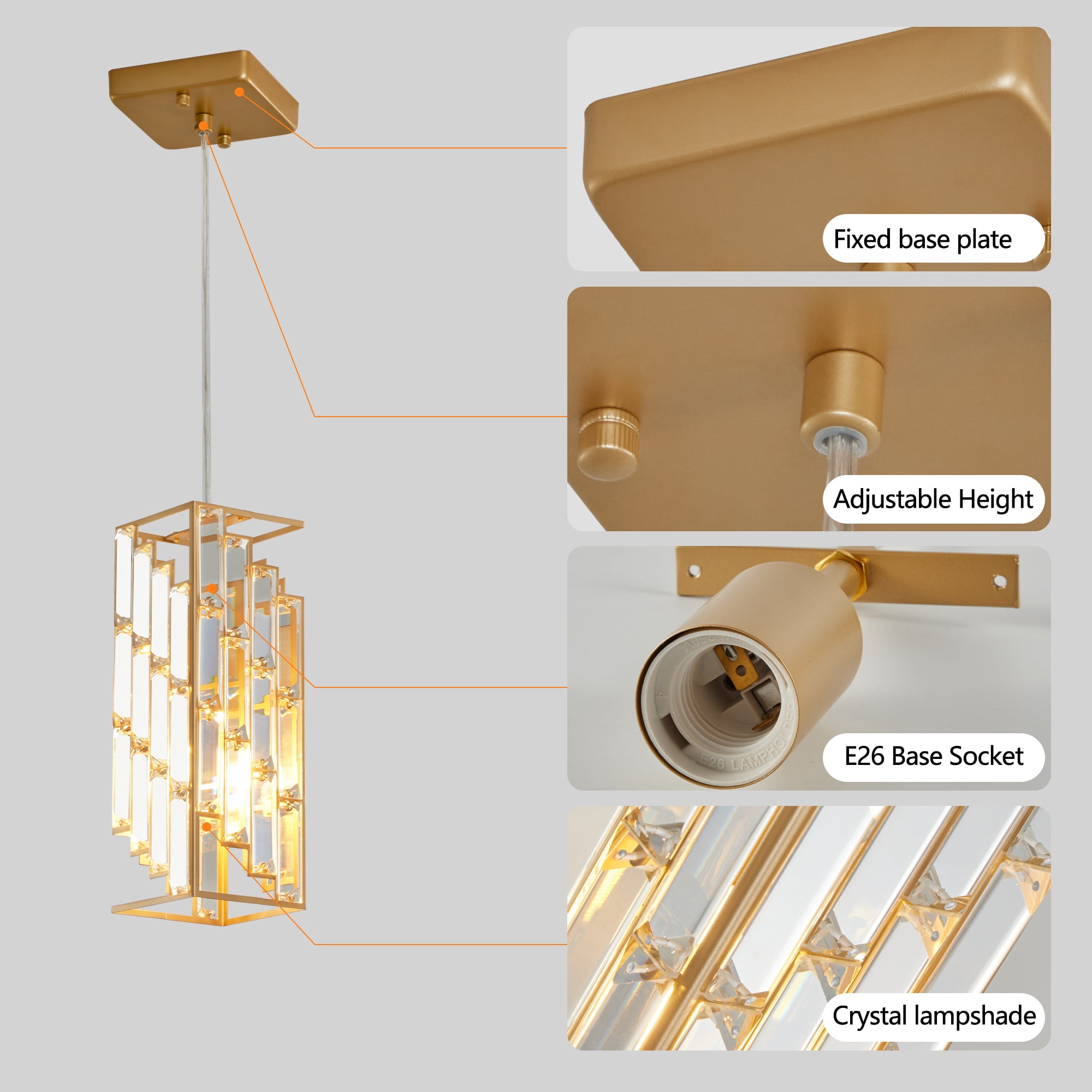 Miniyam Modern Crystal Pendant Light, 3-Pack Adjustable Hanging Ceiling Lamp for Dining Room, Gold