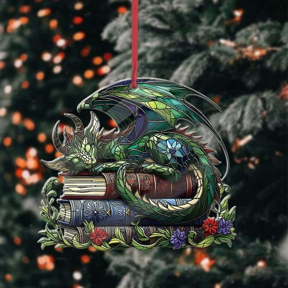 TiniDecor Dragon Book Ornament 2025, Stained Glass Style Acrylic, Fantasy Christmas Tree Hanging