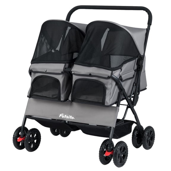 Pefilos Foldable Double Pet Stroller, Adjustable Sunshade & Storage Basket, Rustproof Aluminum Frame, Gray