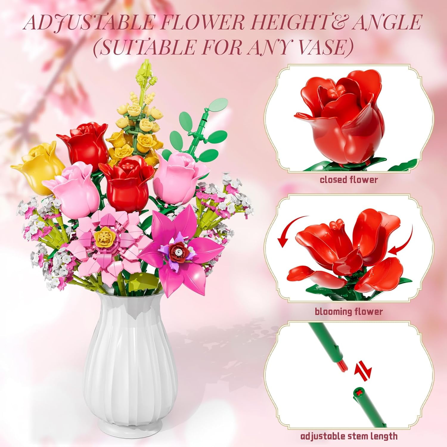 Flower Bouquet Building Set, 11 DIY Plant Bouquet Compatible with Lego, 765 PCS Flower Bouquet Building Toy for Girls Women Adults, Idea Gifts for Valentine's Day Birthdays Mother's Day