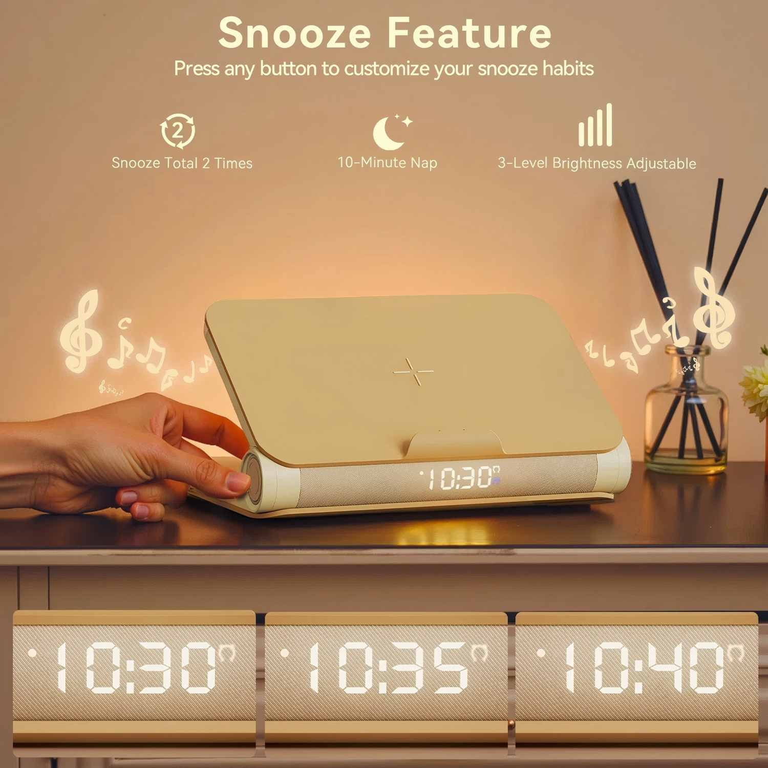 Sunrise Alarm Clock and Bluetooth Speaker with Wireless Charger, Book Lamp for Bedroom, Apricot
