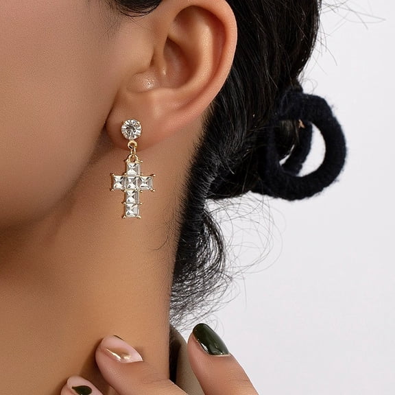 Dainty Cubic Zirconia Cross Stud Earrings for Women, Minimalist Sparkly CZ Crucifix Piercing, Petite Delicate Gold Plated Hypoallergenic Cartilage Jewelry Gift