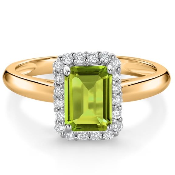Gem Stone King 1.16 Ct Green Peridot G/H Lab Grown Diamond 10K Yellow and White Gold Halo Engagement Ring (Size 9)