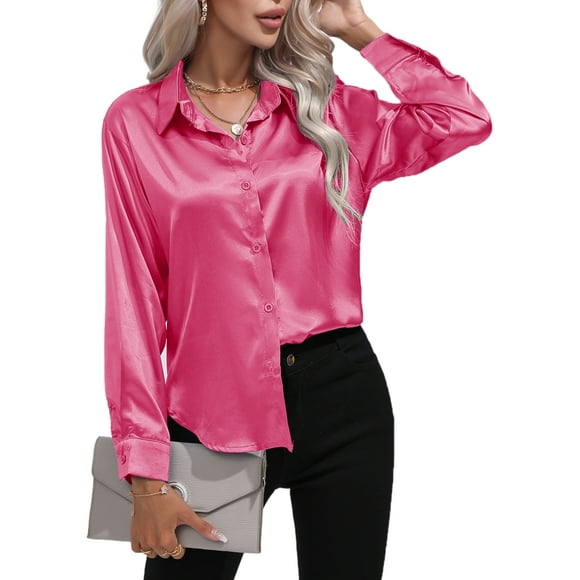Sexy Dance Ladies Shirts Lapel Blouse Button Down Tunic Tops Satin Shirt Long Sleeve Rose Red 2XL