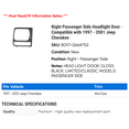thumbnail image 2 of Right Passenger Side Headlight Door - Compatible with 1997 - 2001 Jeep Cherokee 1998 1999 2000, 2 of 2