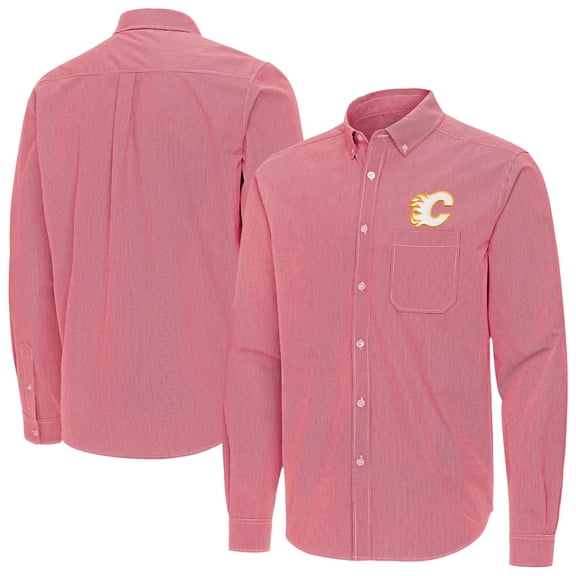 Men's Antigua Red Calgary Flames Porter Woven Tri-Blend Long Sleeve Button-Down Shirt