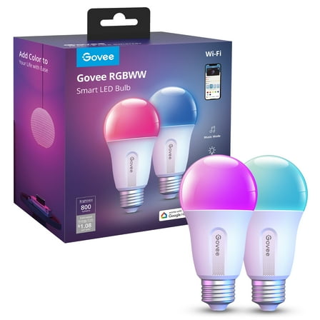 Govee Smart LED Bulbs A19 800LM, 9W RGBWW Color-Changing Light Bulbs, E26 Base, 2-Pack, WiFi   Bluetooth